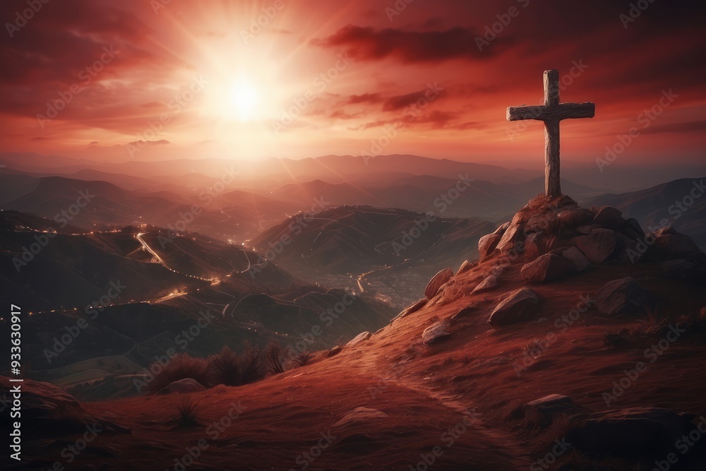 Wooden Cross Silhouette at Sunset on a Mountain Peak Wooden Cross Silhouette at Sunset on a Mountain Peak