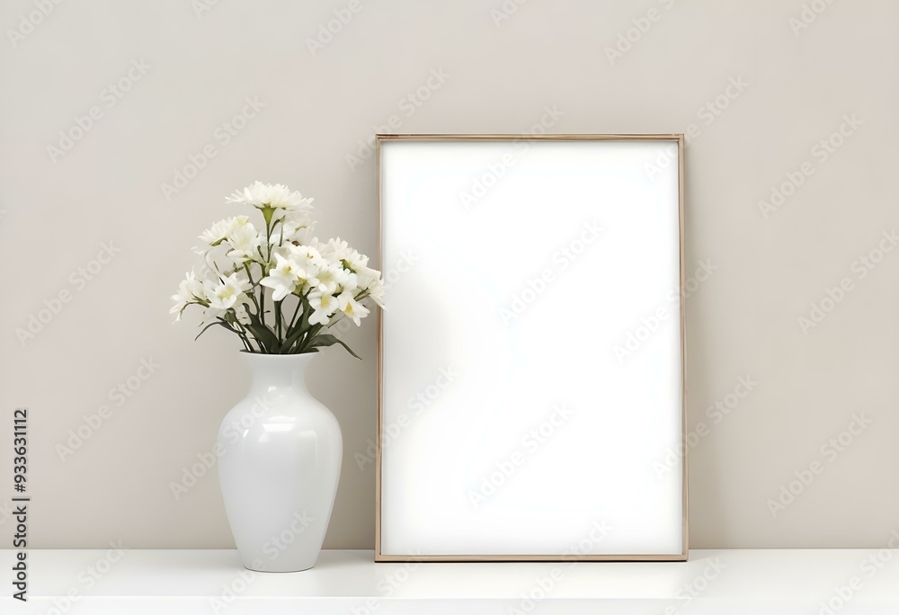 A white vase with white flowers on a shelf, with a blank white frame next to it. A white vase with white flowers on a shelf, with a blank white frame next to it.