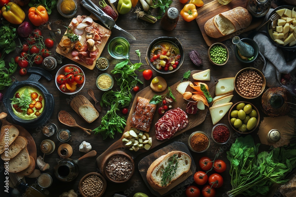 A large spread of various foods including bread, cheese, vegetables, and meats displayed on a wooden table for a feast. A large spread of various foods including bread, cheese, vegetables, and meats displayed on a wooden table for a feast.