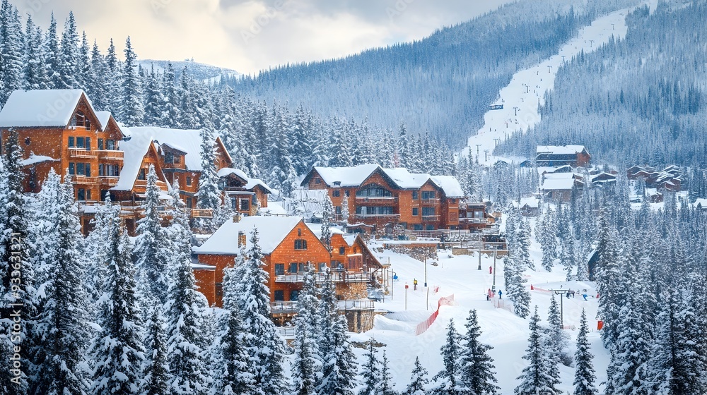 Fototapeta premium Snowy Mountain Resort Panorama A Peaceful and Picturesque Winter Wonderland Getaway with Cozy Cabins Ski Slopes and a Serene Natural Landscape