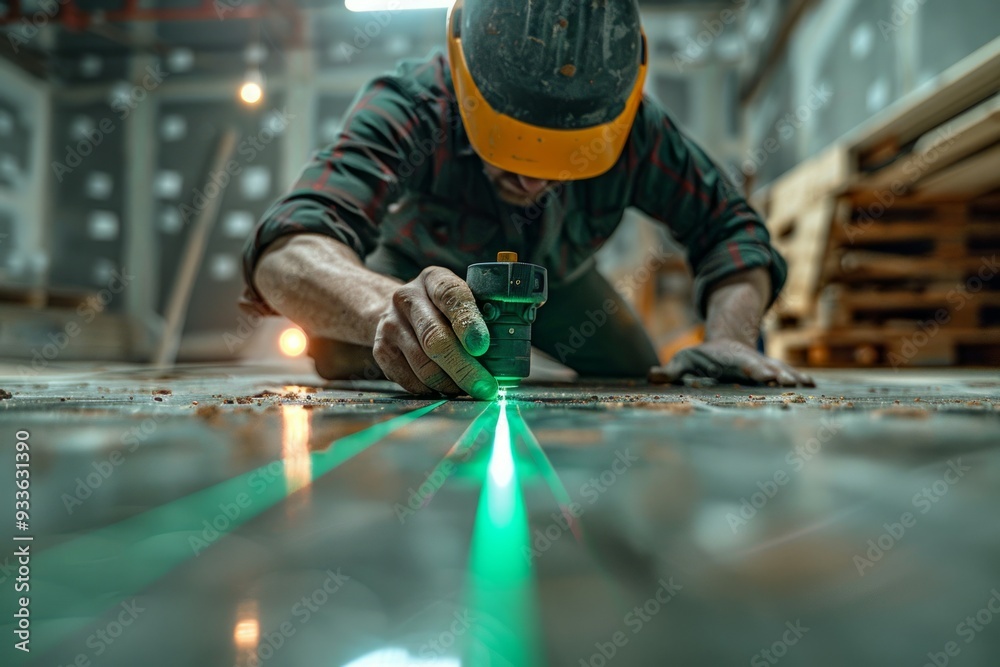 A worker in casual construction attire using a green laser level for the precise placement of furniture. 