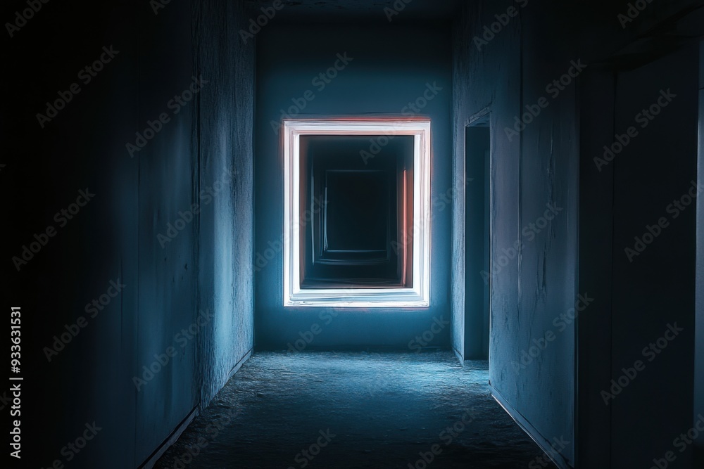 A surreal, dimly lit hallway with glowing frames creating an infinite visual effect. A surreal, dimly lit hallway with glowing frames creating an infinite visual effect.