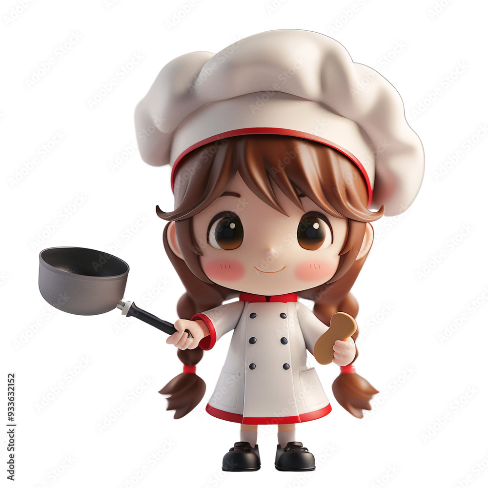 Adorable clay kid girl in a chef suit with a frying pan, full body, facing front, very small dot black eyes style, color 3D clay icon, Blender 3D, isolated white background Adorable clay kid girl in a chef suit with a frying pan, full body, facing front, very small dot black eyes style, color 3D clay icon, Blender 3D, isolated white background