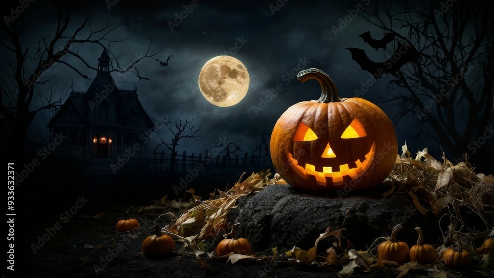Fototapeta premium Halloween pumpkin head jack o lantern on cobble stone with dark spooky forest and moon background