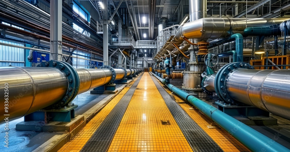 A clear and comprehensive view of a meticulously organized industrial pipeline system in a modern facility setup A clear and comprehensive view of a meticulously organized industrial pipeline system in a modern facility setup