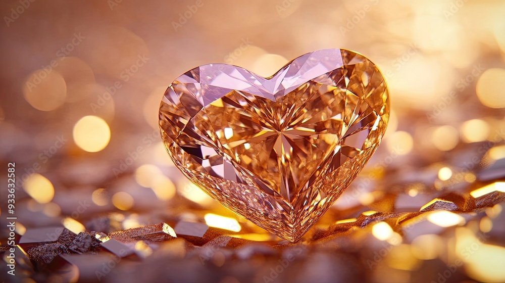 Close-up of a heart-shaped diamond in radiant golden jewelry, with sparkling accents and a warm pink tone creating a luxurious and romantic effect. Close-up of a heart-shaped diamond in radiant golden jewelry, with sparkling accents and a warm pink tone creating a luxurious and romantic effect.