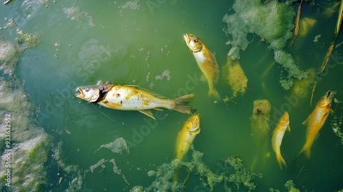 A polluted lake with dead fish floating on the surface surrounded by algae blooms and chemical runoff illustrating an environmental disaster and the consequences of industrial waste and neglect