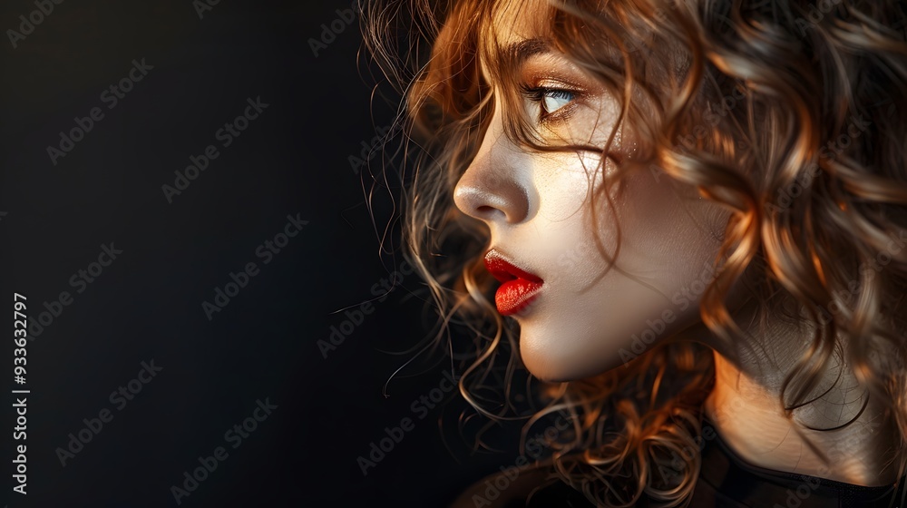 Beautiful woman in profile with long and shiny wavy hair . Beauty model girl with curly hairstyle . Fashion, cosmetics and makeup. 