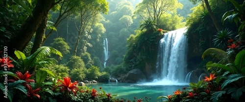 Tropical Rainforest Dense Foliage with Waterfall photo