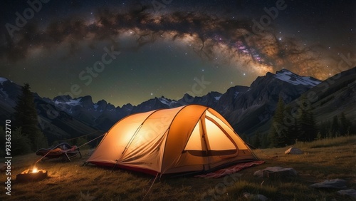 Illuminated Tent Under Milky Way in Mountainous Landscape