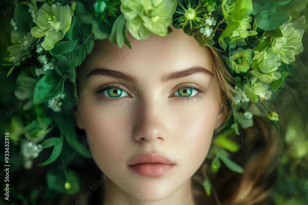 Fantasy portrait of a beautiful girl with green flowers in her hair. Young woman with headdress, flowers and plants as decoration.with generative ai Fantasy portrait of a beautiful girl with green flowers in her hair. Young woman with headdress, flowers and plants as decoration.with generative ai