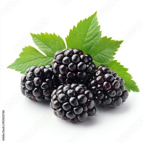 Close up of blackberry group with leaves on an isolated white background