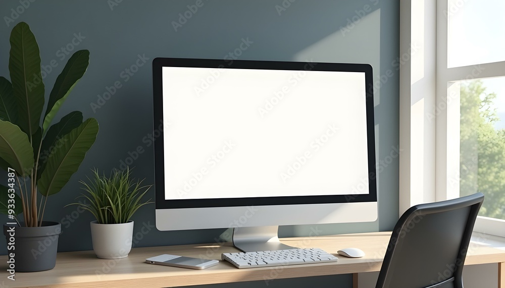 Modern office desk with blank screen computer monitor, Computer screen mockup, Computer blank screen, Computer front view screen mockup Modern office desk with blank screen computer monitor, Computer screen mockup, Computer blank screen, Computer front view screen mockup