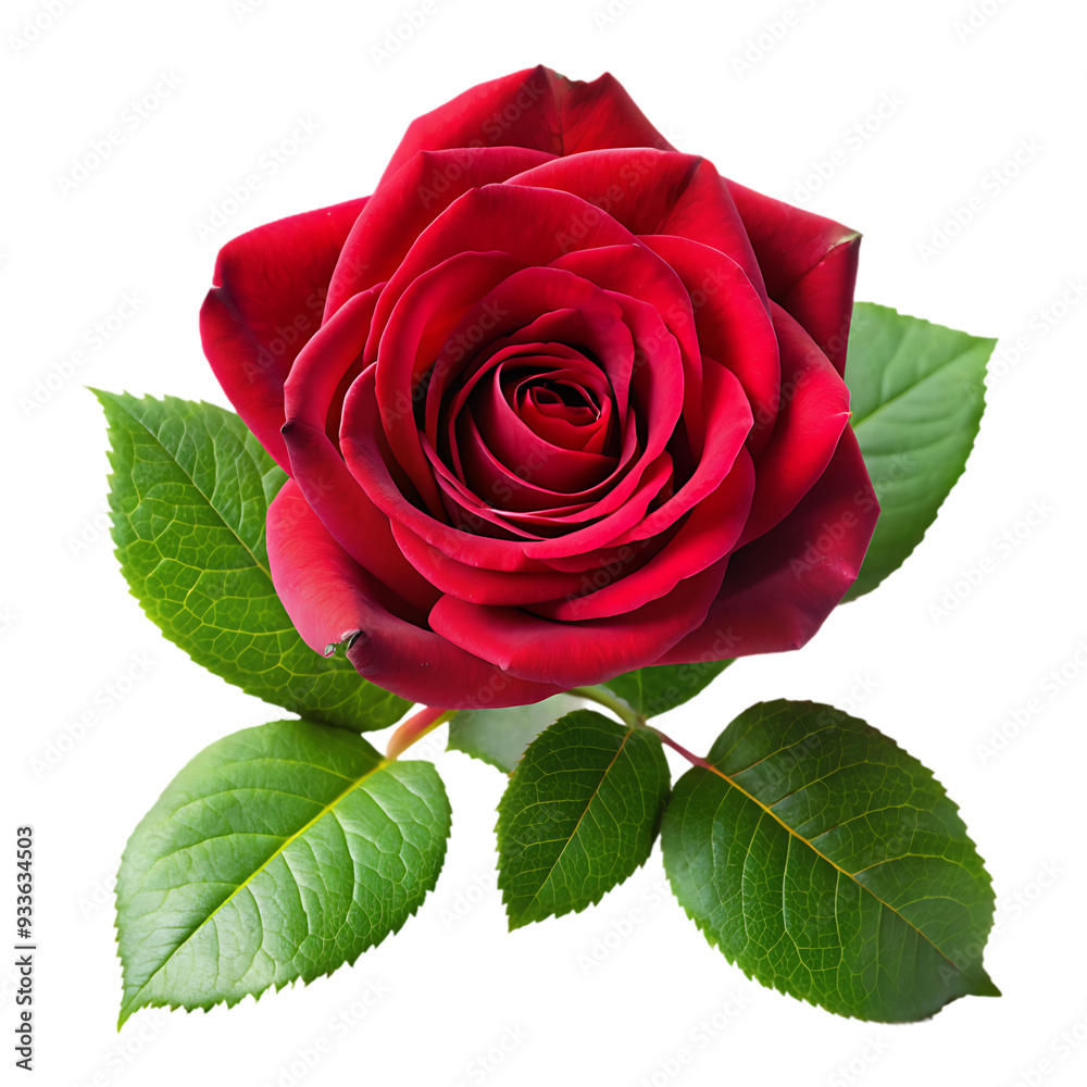 Naklejka premium Beautiful Red Rose with Green Leaves on a White Background Perfect for Romantic and Nature Themes