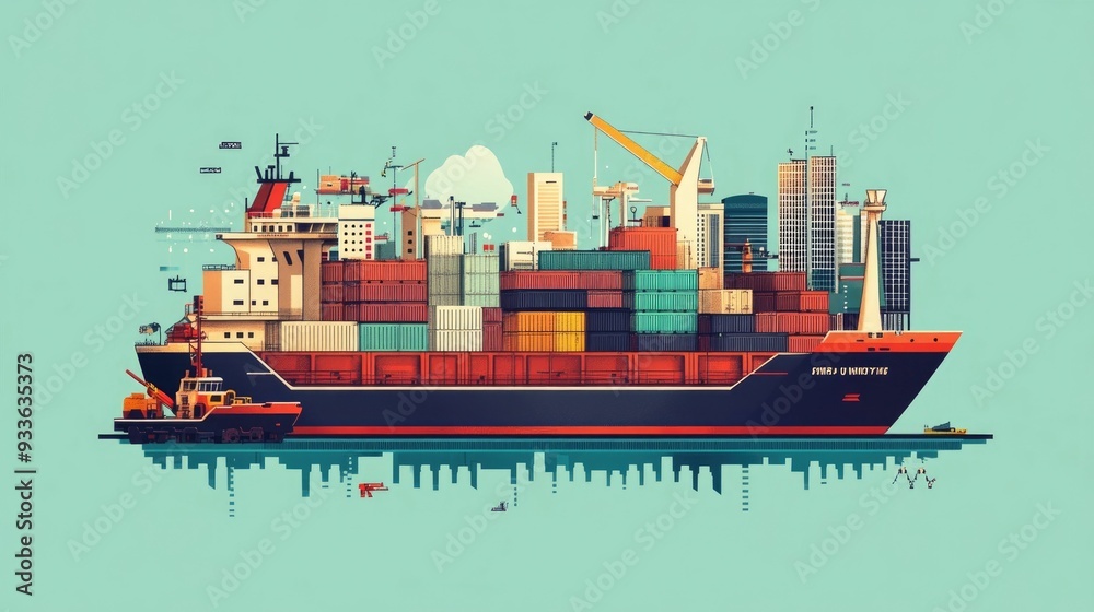 Fototapeta premium Coordinating Global Logistics and International Freight Shipments with Flat Design Visualization of the process of managing international cargo and supply chain distribution