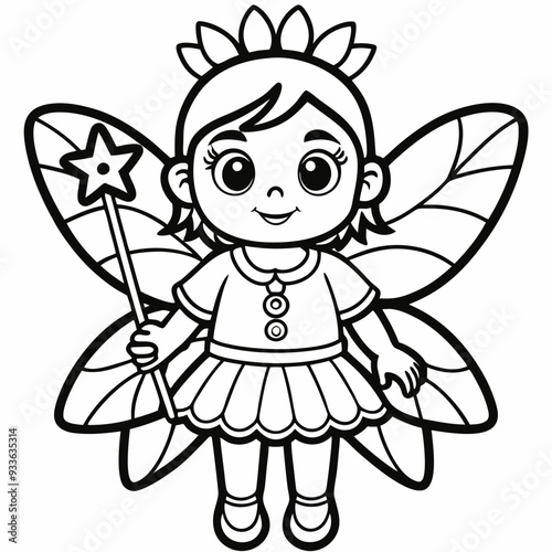 Happy kids wearing fairy costume with decorative wings and magic wand vector flat illustration