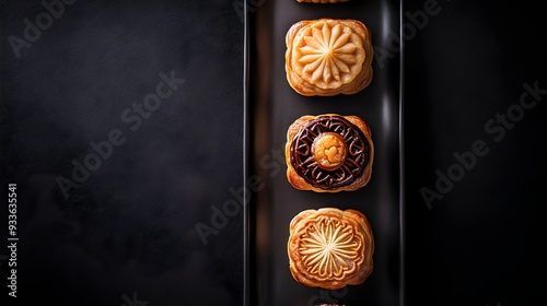 Fototapeta Naklejka Na Ścianę i Meble -  Sophisticated Mooncake Confections with Innovative Flavors and Designs for Autumn Elegant mooncakes presented on a sleek modern platter showcasing the evolution of this traditional Chinese dessert