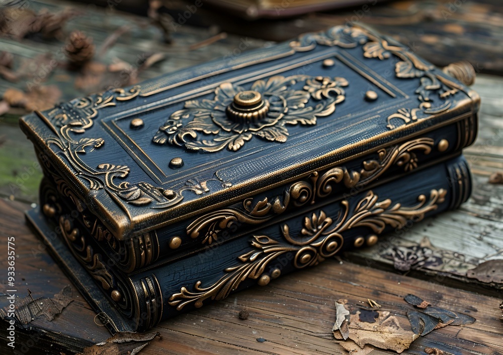 a blue and gold box. a blue and gold box.