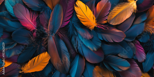 Wallpaper Mural A vibrant array of multi-colored feathers, featuring deep blues, bright yellows, and rich pinks, creating a visually striking and intricate pattern. Torontodigital.ca