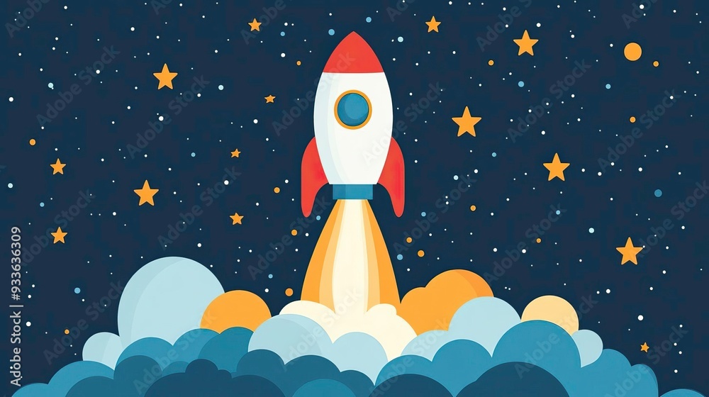A whimsical rocket launching into a starry night sky, surrounded by clouds and glowing stars, symbolizing adventure and exploration. A whimsical rocket launching into a starry night sky, surrounded by clouds and glowing stars, symbolizing adventure and exploration.