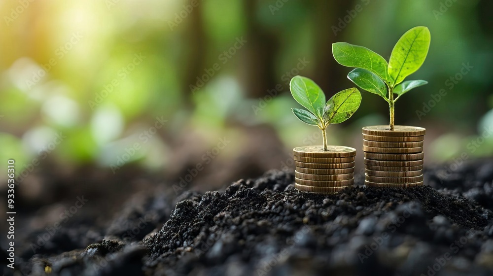 A visual representation of growth and prosperity, featuring green plants growing from coins in rich soil, symbolizing investment and nature.