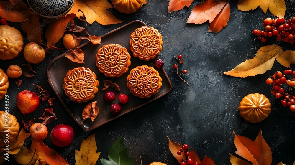 A photograph showcasing a delightful arrangement of traditional mooncakes placed on a table surrounded by autumn leaves and seasonal fruits A photograph showcasing a delightful arrangement of traditional mooncakes placed on a table surrounded by autumn leaves and seasonal fruits