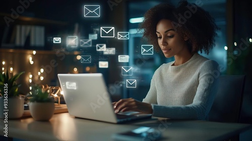 Wallpaper Mural A woman types on her laptop at night, surrounded by glowing mail icons, representing digital communication and productivity. Torontodigital.ca