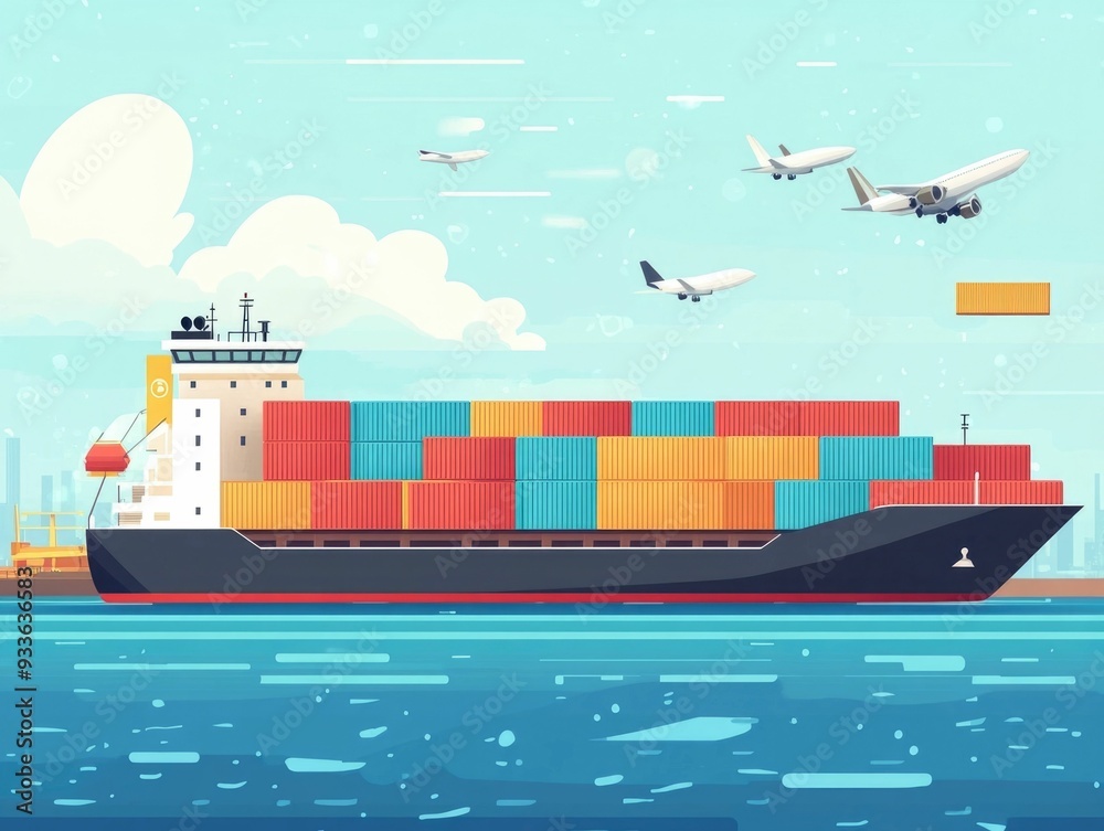 Obraz premium Flat design showcasing the key elements of global freight logistics and customs clearance services for international shipments and trade Depicts the transportation warehousing