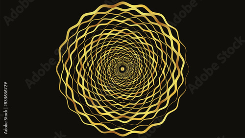 Abstract spiral wavy golden gradient ball spinning vortex style background.