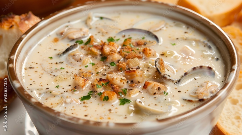 Close Up of Creamy New England Clam Chowder in a Bowl Surrounded by Bread for Dipping Close Up of Creamy New England Clam Chowder in a Bowl Surrounded by Bread for Dipping