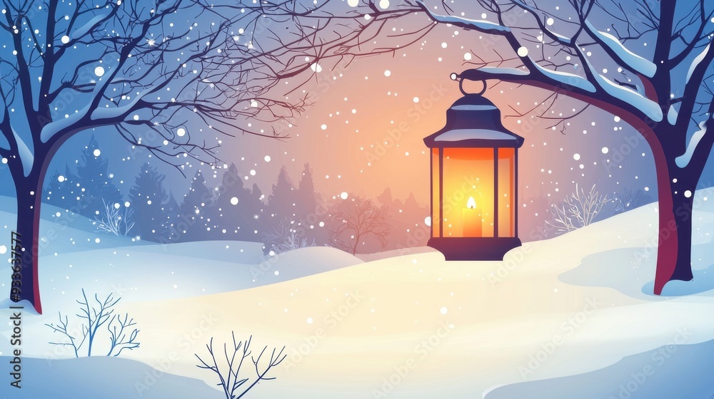 A serene winter scene featuring a glowing lantern amidst falling snow and bare trees, evoking warmth and tranquility. A serene winter scene featuring a glowing lantern amidst falling snow and bare trees, evoking warmth and tranquility.