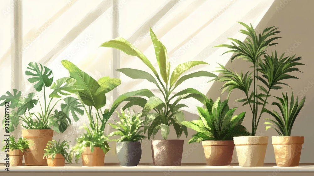 houseplants in various pots, with vibrant greens and subtle earth tones houseplants in various pots, with vibrant greens and subtle earth tones