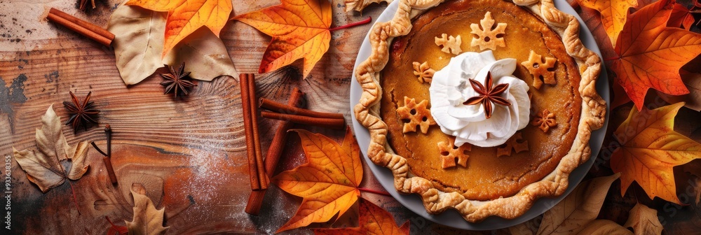 Close - up of a freshly baked pumpkin pie with a dollop of whipped cream, with cinnamon sticks and autumn leaves scattered around Close - up of a freshly baked pumpkin pie with a dollop of whipped cream, with cinnamon sticks and autumn leaves scattered around