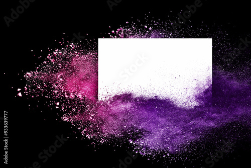 Explosion of colored powder and dust smoke splash pink and purple on black background