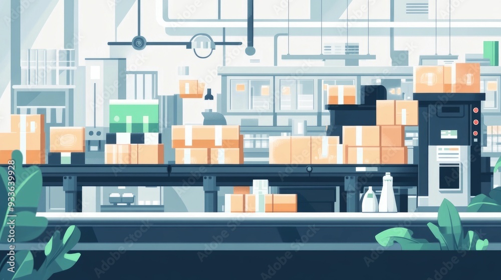 Naklejka premium Automated Logistics Workflow with Efficient Packaging and Labeling Solutions A Flat Design Showcasing the Optimization of Manufacturing Distribution and Supply Chain