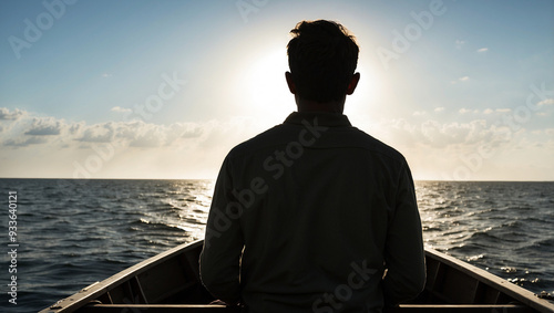 Silhouette of a man looking out from a boat at the ocean photo