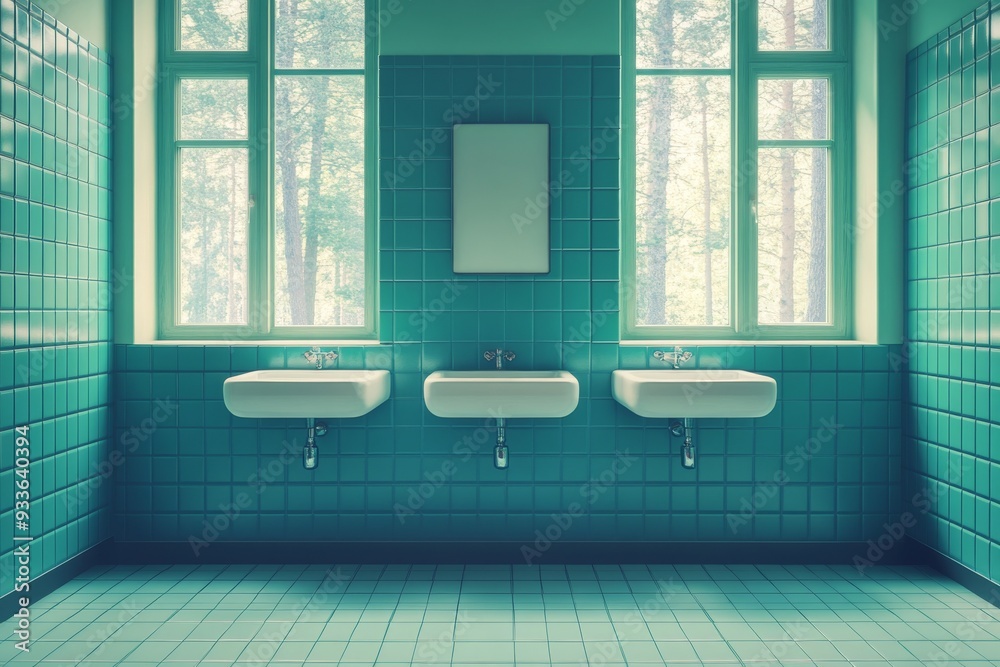 Toilet cubicles and sinks in the green public bathroom, panoramic ...
