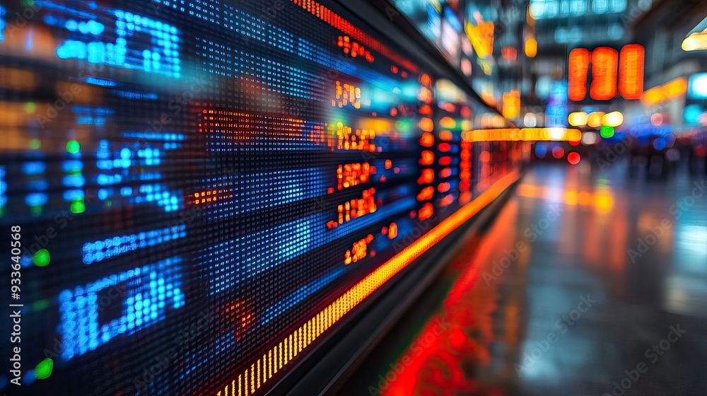 Digital display board showing stock market data in a bustling financial environment. Digital display board showing stock market data in a bustling financial environment.