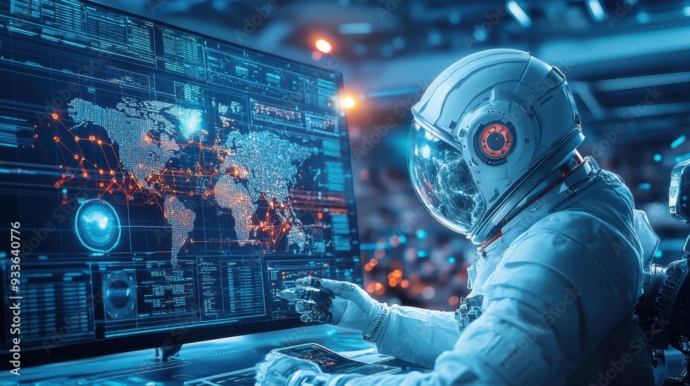 A high-tech research lab in space, with robots conducting experiments, analyzing data, and managing the station A high-tech research lab in space, with robots conducting experiments, analyzing data, and managing the station