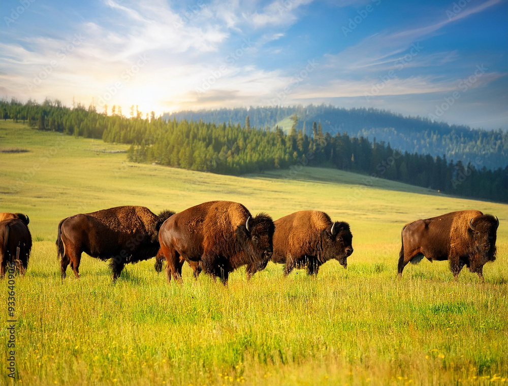 Landscape with a herd of bison in the field