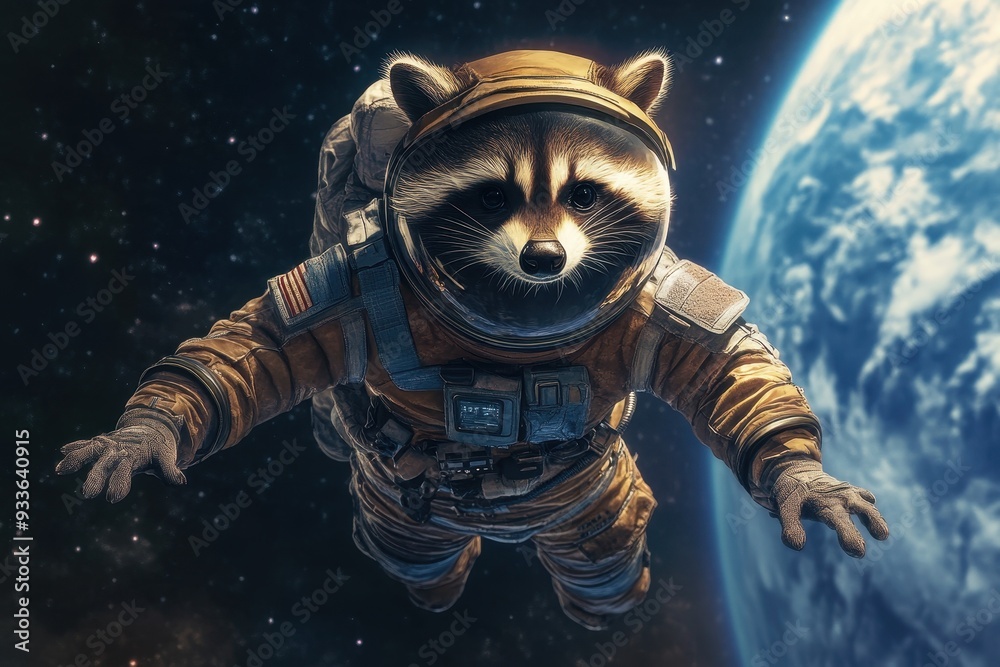 Fototapeta premium Astronaut Raccoon: A raccoon in a space suit with a helmet, floating in space with Earth in the background.