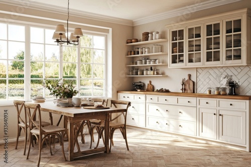 A wooden home kitchen interior with a dining table  bar island  and panoramic windows