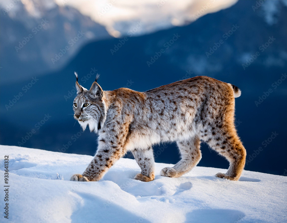 Obraz premium Close-up of a lynx walking on the snow in the mountains
