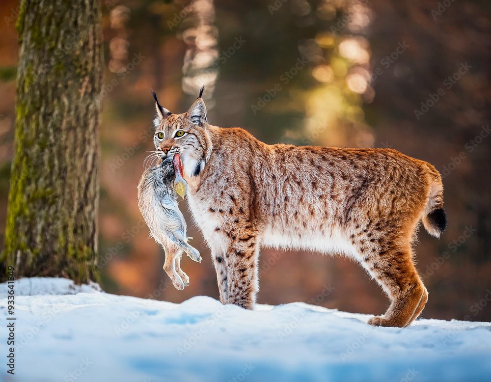 Fototapeta premium A lynx with a rabbit and a mouth. Close-up of a lynx with prey in its mouth