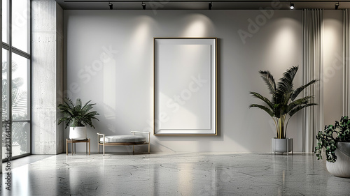 Modern minimalist interior design featuring plants and a large blank frame in a spacious room photo