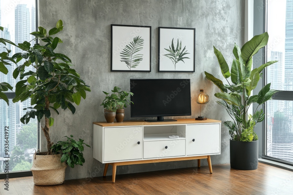 A mock up poster showing a modern home bedroom interior with a tv screen, a table, and a window. A mock up poster showing a modern home bedroom interior with a tv screen, a table, and a window.
