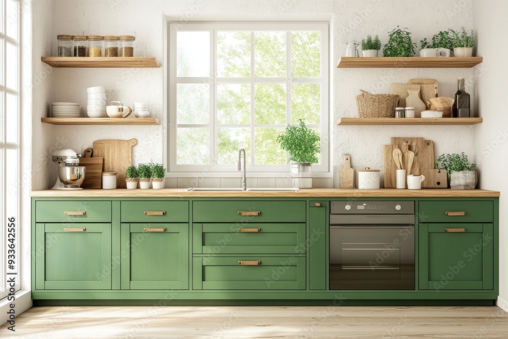 Fototapeta premium Cooking cabinet, shelves, and panoramic window in a green kitchen