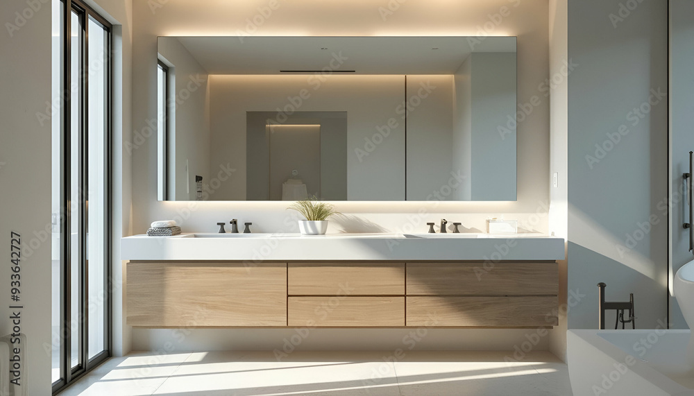 Fototapeta premium A modern bathroom vanity with a large mirror and sleek fixtures in a clean, minimalist bathroom