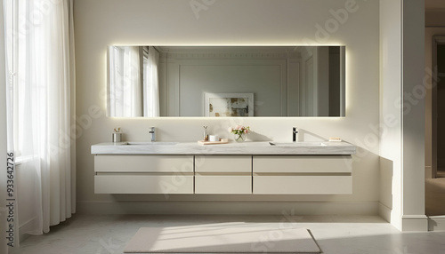 A modern bathroom vanity with a large mirror and sleek fixtures in a clean, minimalist bathroom