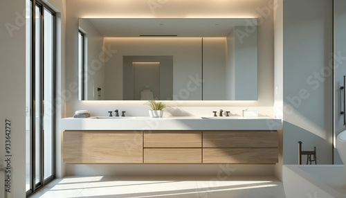 A modern bathroom vanity with a large mirror and sleek fixtures in a clean, minimalist bathroom